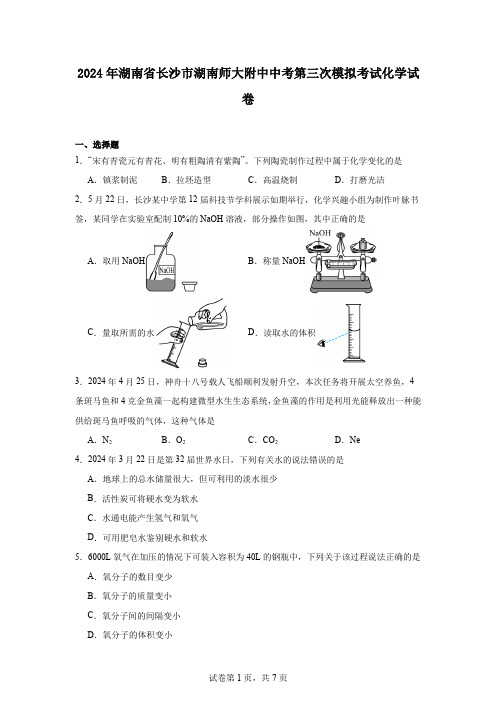 2024年湖南省长沙市湖南师大附中中考第三次模拟考试化学试卷