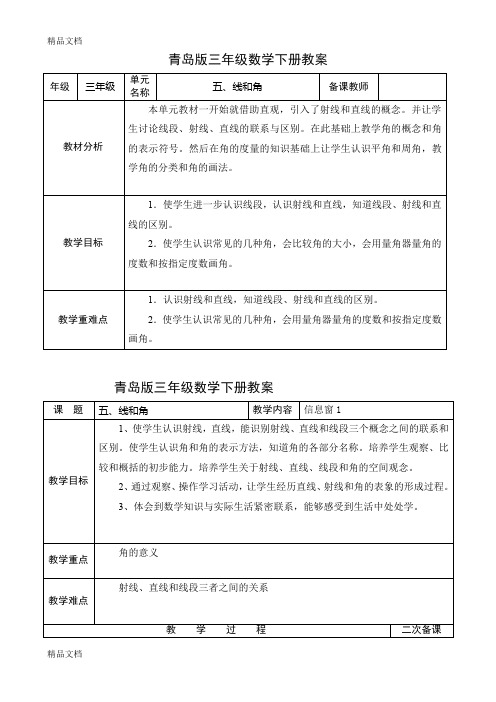 最新五四制青岛版数学三年级下册第5单元《繁忙的工地--线和角》表格教案