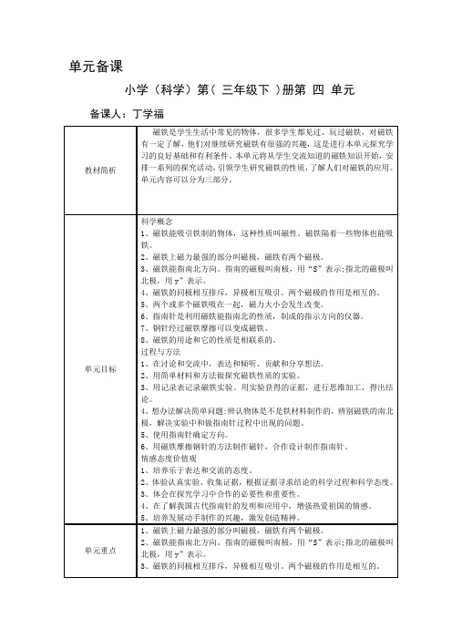 三年级科学下册第四单元单元备课