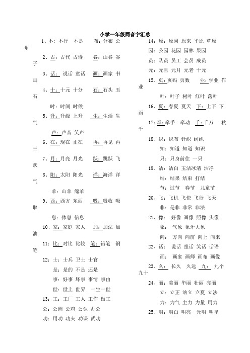 小学一年级同音字大全