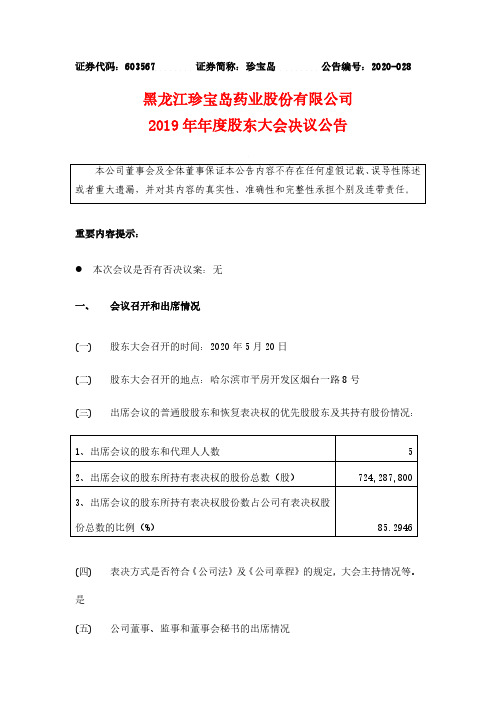 珍宝岛：2019年年度股东大会决议公告