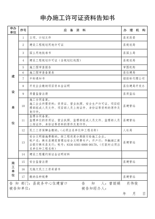 申办施工许可证资料告知书