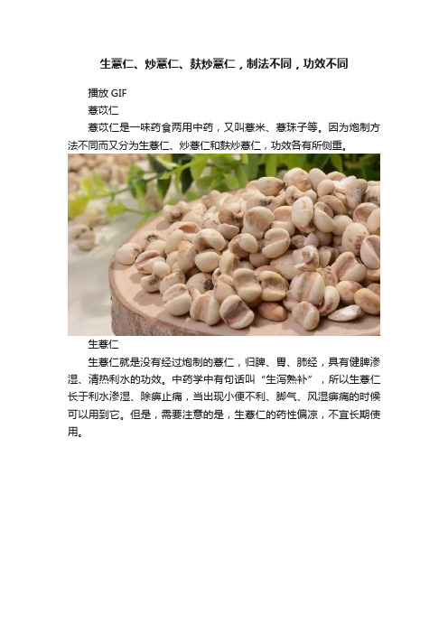 生薏仁、炒薏仁、麸炒薏仁，制法不同，功效不同