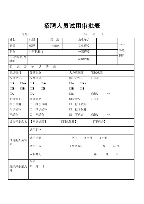 招聘人员试用审批表示范模板