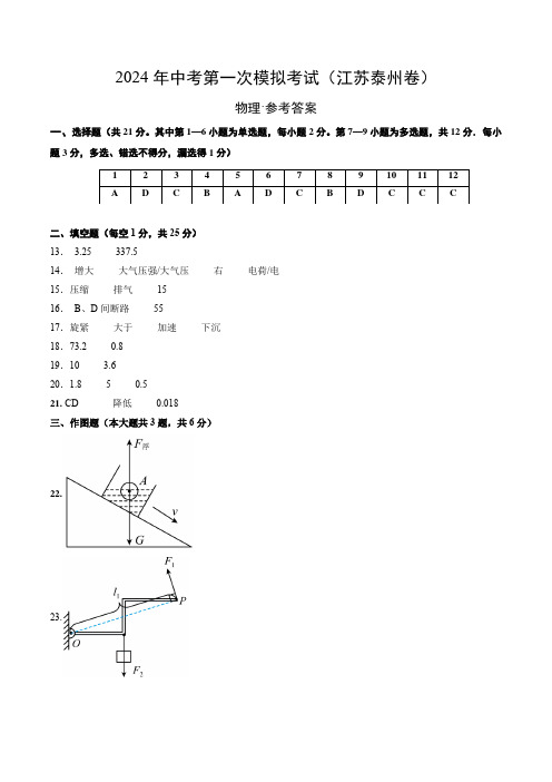 中考一模物理(江苏泰州卷)(参考答案及评分标准).