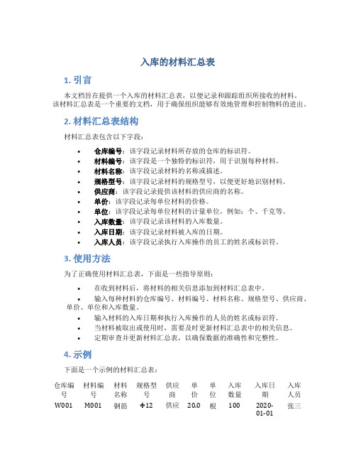 入库的材料汇总表