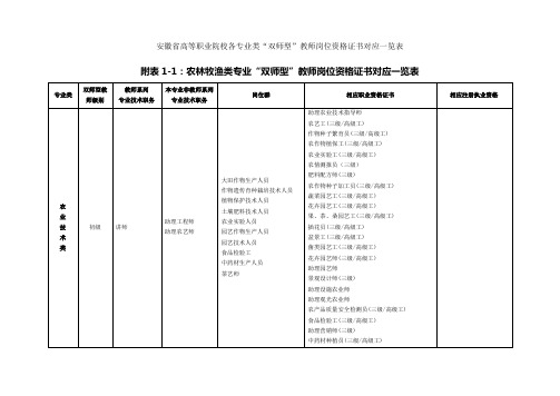 安徽省高等职业院校各专业类“双师型”教师岗位资格证书对应一览表汇编