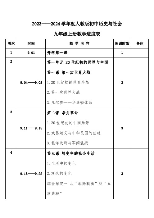 2023年秋学期人教版初中历史与社会九年级上册教学进度表