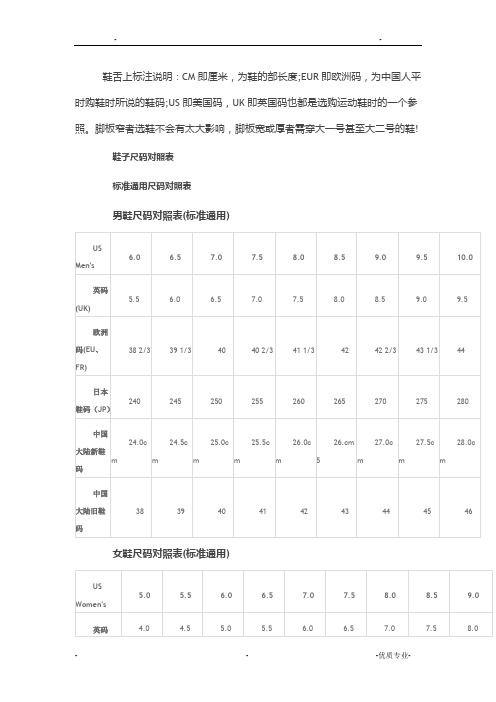 国际鞋尺码对照表