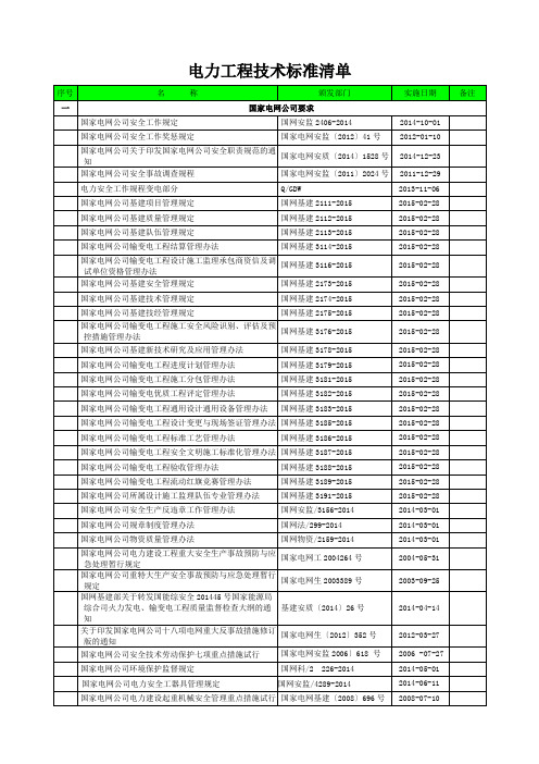 电力工程技术标准清单