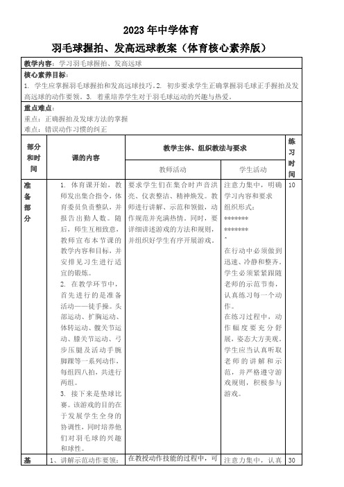 2023年中学体育羽毛球握拍、发高远球教案(体育核心素养版)