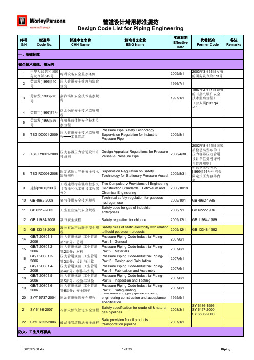 管道设计常用标准规范
