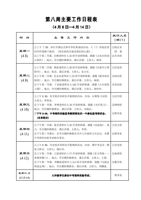 第八周主要工作日程表