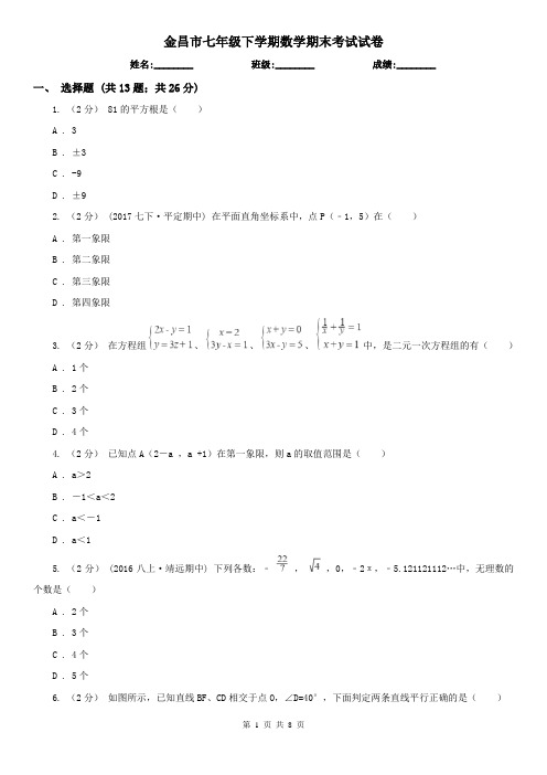 金昌市七年级下学期数学期末考试试卷 