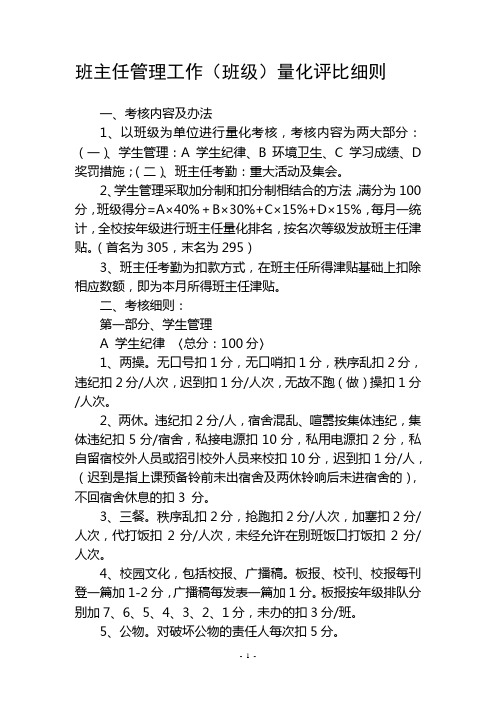 班主任管理工作(班级)量化考核方案