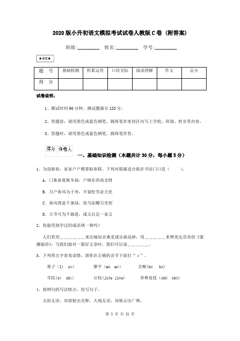 2020版小升初语文模拟考试试卷人教版C卷 (附答案)