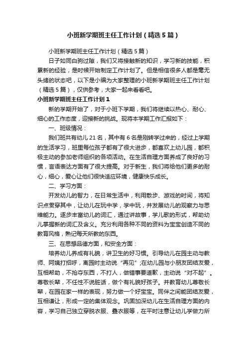 小班新学期班主任工作计划（精选5篇）