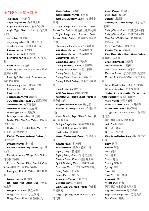 阀门名称中英文对照(部分)