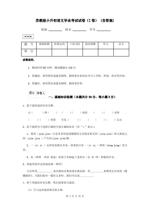 苏教版小升初语文毕业考试试卷(I卷) (含答案)