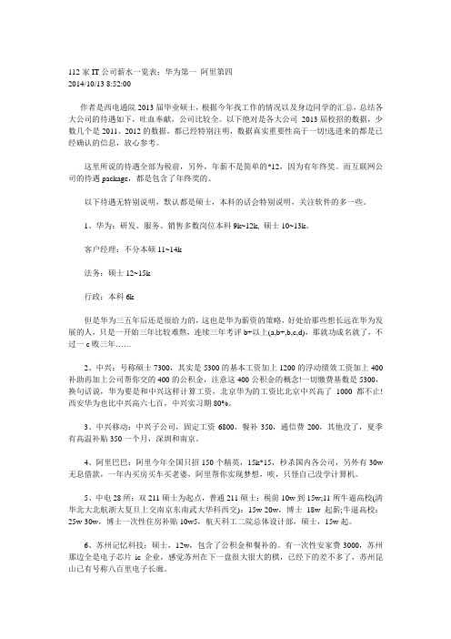 112家IT公司薪水一览表：华为第一 阿里第四