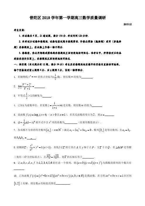 2020届上海市普陀区高三上学期质量调研(一模)数学试题