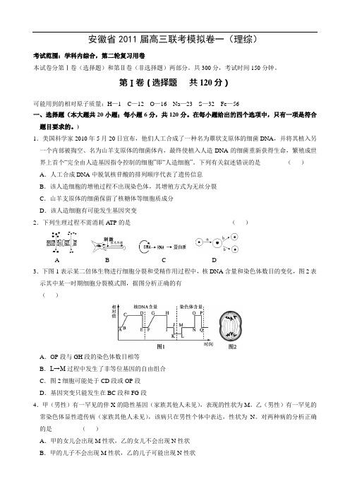 安徽省2011届高三联考模拟卷一(理综)无答案