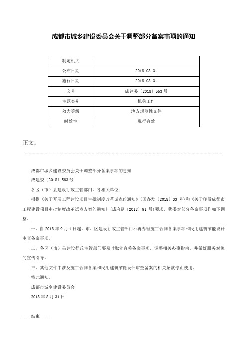 成都市城乡建设委员会关于调整部分备案事项的通知-成建委〔2018〕563号