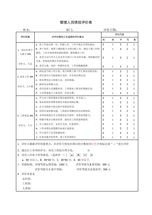 管理人员绩效评价表