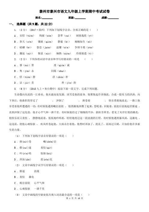 泰州市泰兴市语文九年级上学期期中考试试卷