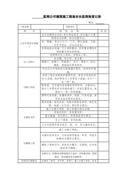 监理公司建筑施工现场安全监理检查记录