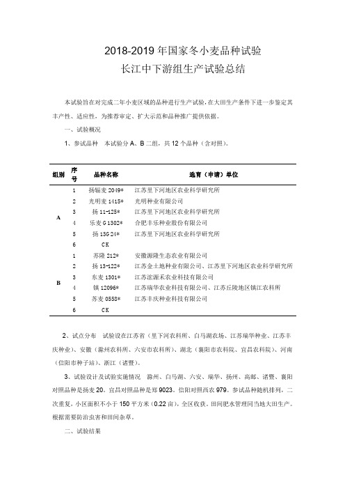 2018-2019年度国家冬小麦品种试验长江中下游生产试验总结