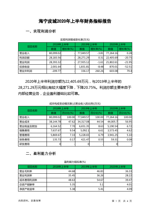 海宁皮城2020年上半年财务指标报告