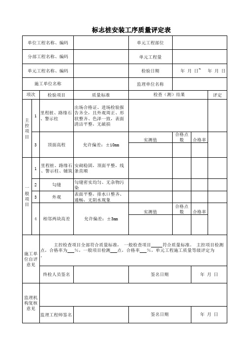 标志桩制安(里程桩、警示柱、路缘石)质量评定表