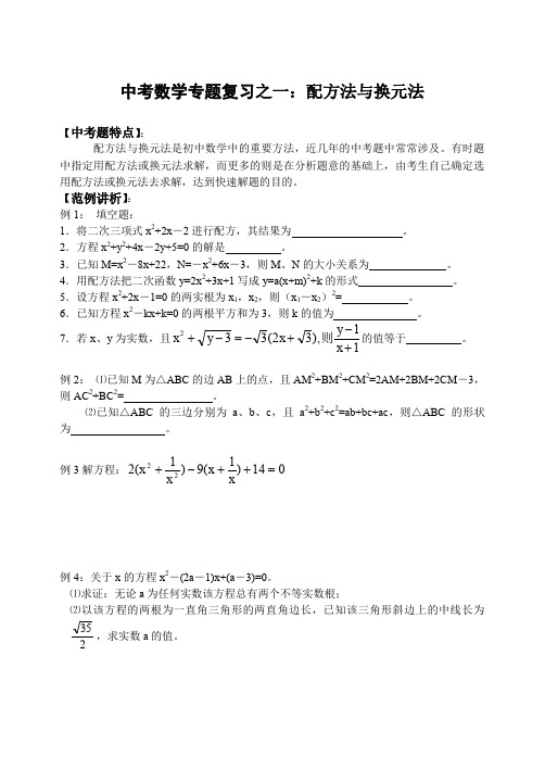 中考数学专题复习之一(配方法与换元法)