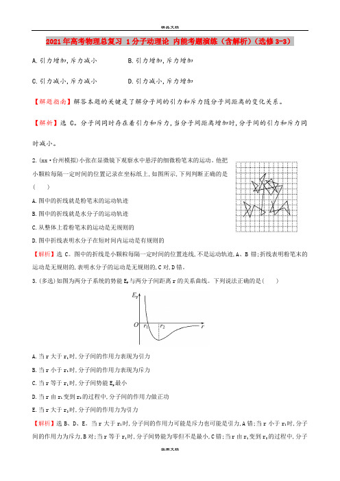 2021年高考物理总复习 1分子动理论 内能考题演练(含解析)(选修3-3)