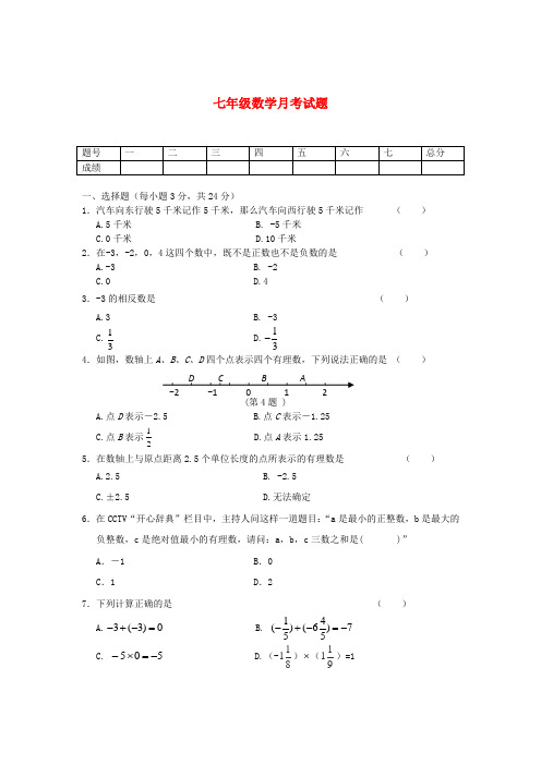 吉林省长春市七年级数学月考试题  新人教版