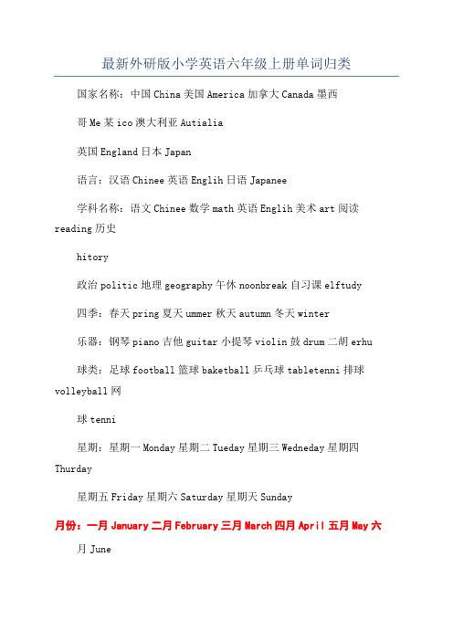 最新外研版小学英语六年级上册单词归类