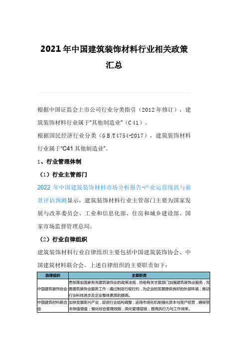 2021年中国建筑装饰材料行业相关政策汇总