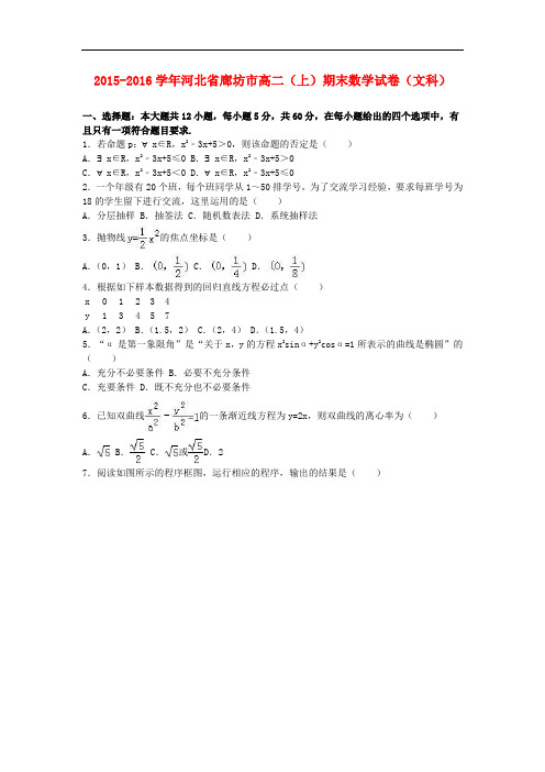 河北省廊坊市高二数学上学期期末试卷 文(含解析)