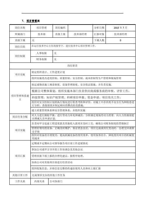 风电电力安装公司岗位说明书JD项目管理岗