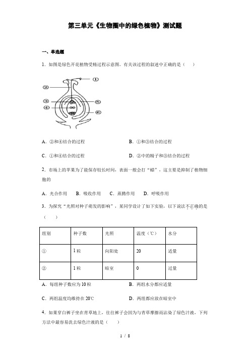 人教版生物七年级上第三单元《生物圈中的绿色植物》测试题(含答案) (1)