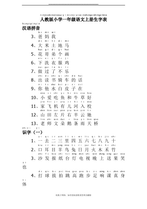 最新人教版小学一年级语文上册生字表(带拼音)