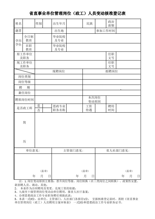 省直事业单位管理岗位(政工)人员变动核准登记表