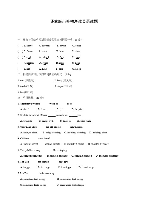 译林版小升初英语考试试题(含答案)