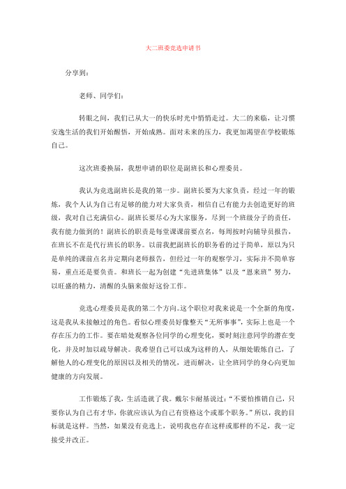 大二班委竞选申请书