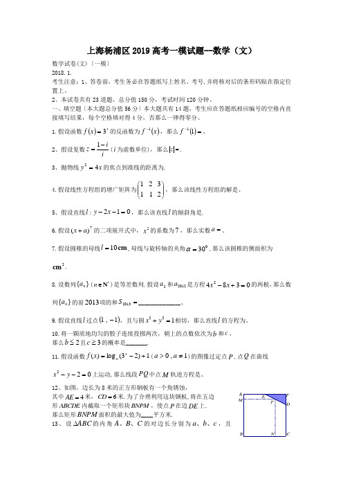 上海杨浦区2019高考一模试题--数学(文)