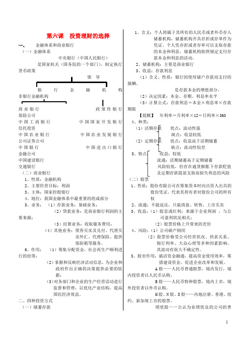 高中政治 第二单元 第六课 投资理财的选择知识点分析 新人教版必修1(1)