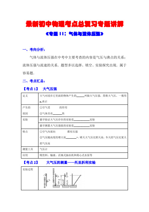 最新初中物理考点总复习专题讲解《专题11:气体与流体压强》(附强化训练与答案解析)