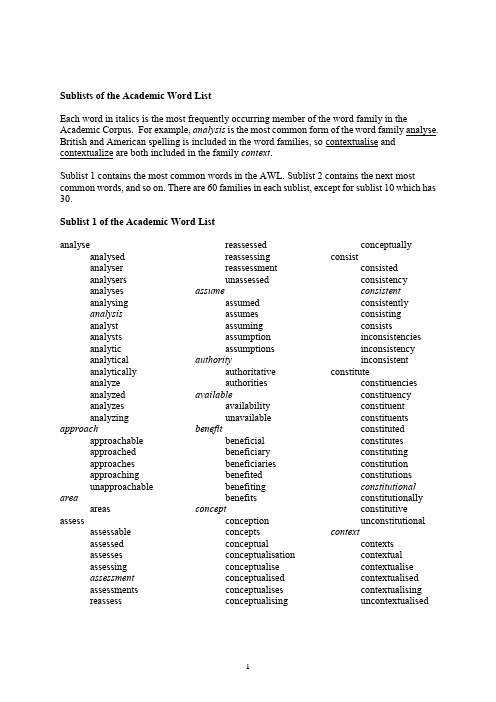 Sublists of the Academic Word List