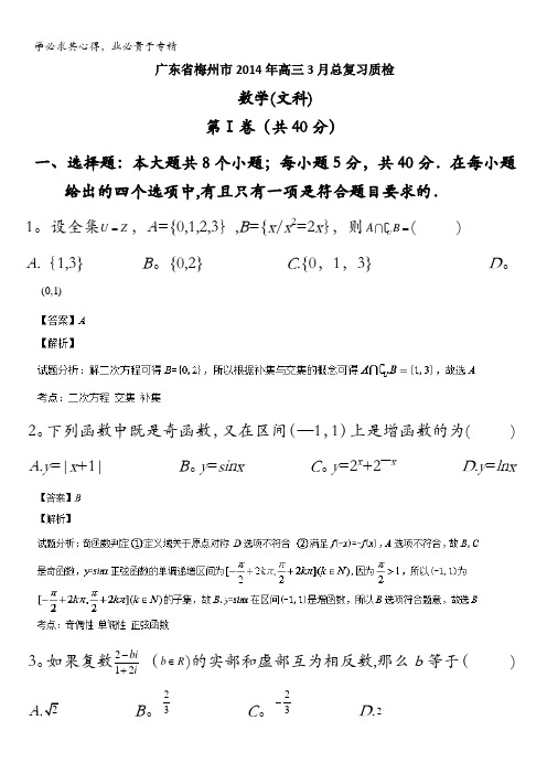 广东省梅州市2014年高三3月总复习质检数学(文)试题 含解析